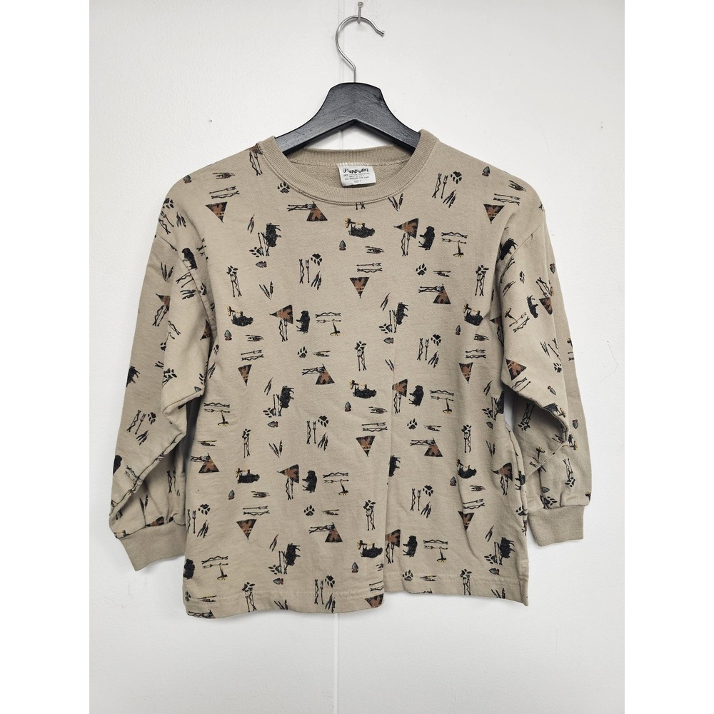 Vintage‎ Flapdoodles Sweatshirt Boys 7 Tan Buffalo Teepee Print Made USA 90s